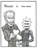 Cartoon-style illustration with a man holding a heart and a robot, with text and space for names.
