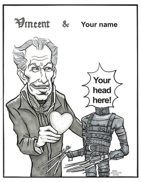 Cartoon-style illustration with a man holding a heart and a robot, with text and space for names.