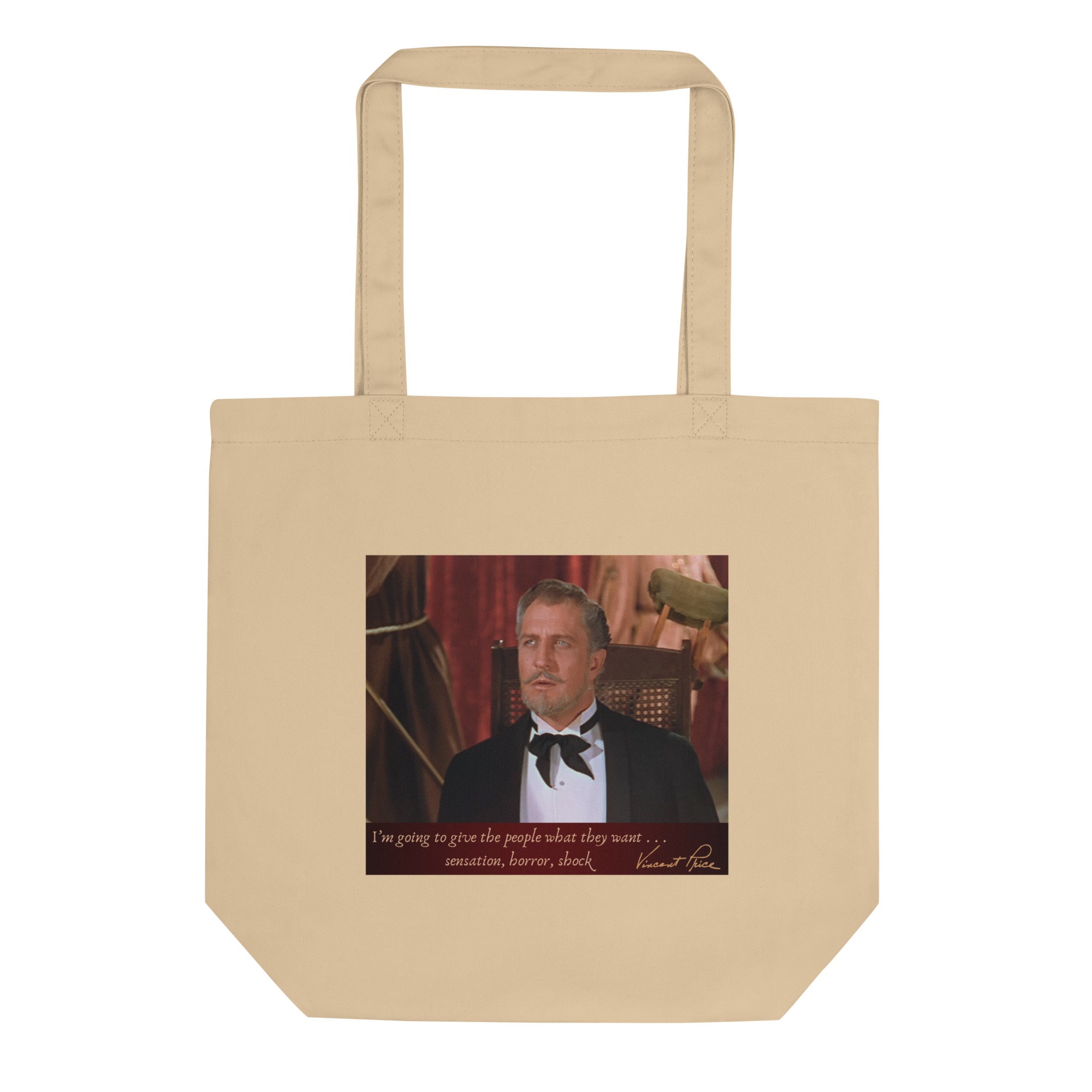 Beige tote bag with a printed image of a man in formal attire and text on a white background