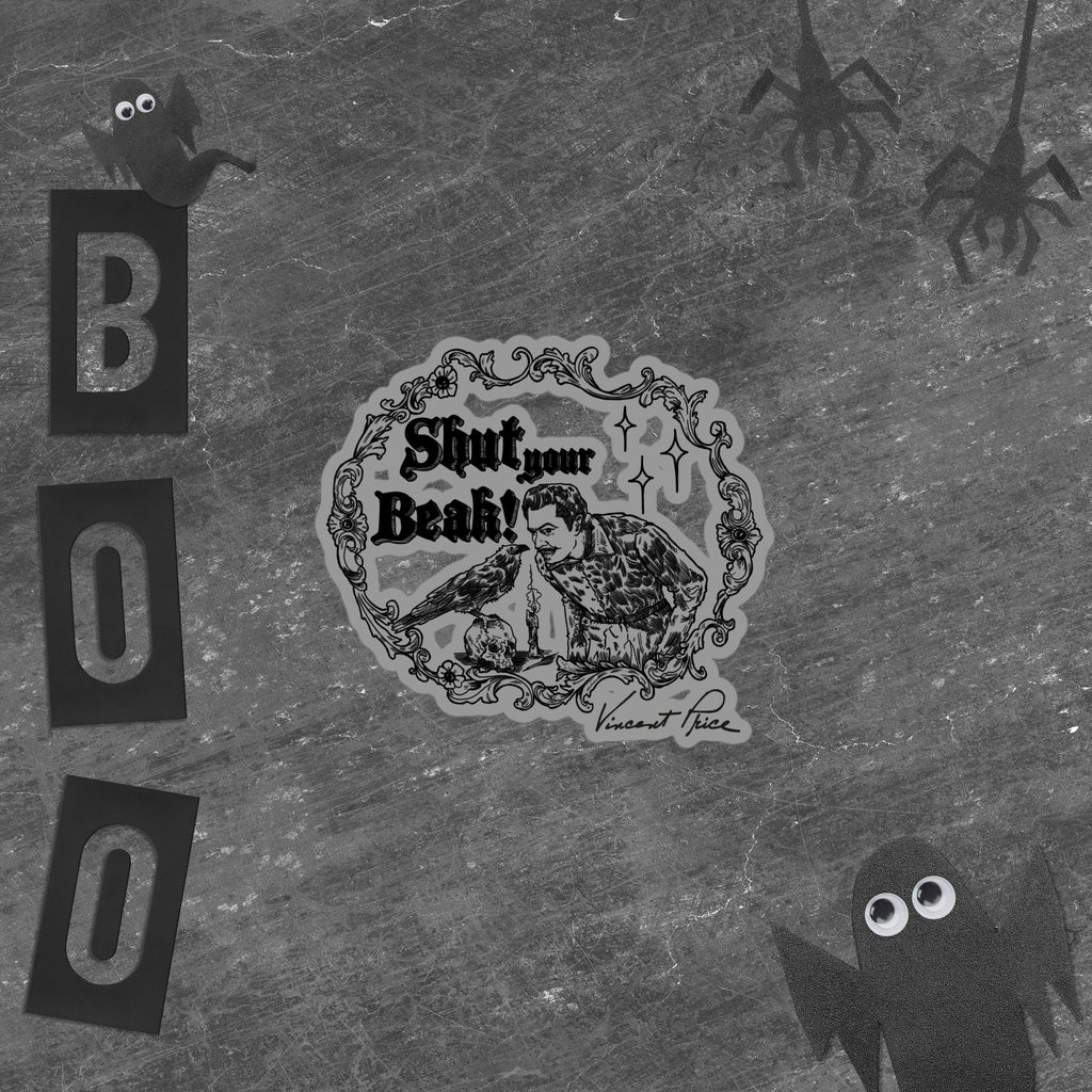 Black and white graphic with 'Shut your Beak!' sticker and Halloween-themed elements on a textured background.