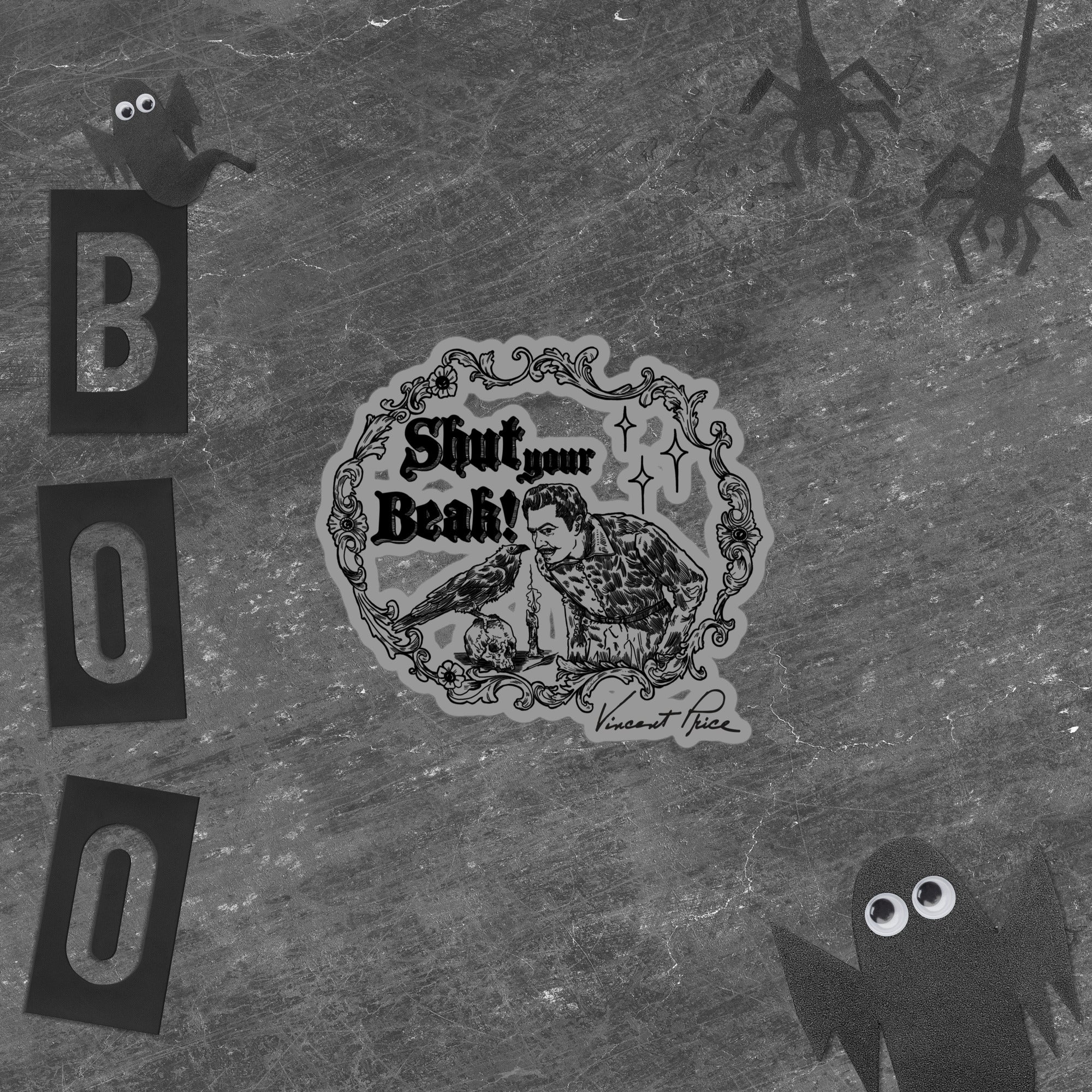 Black and white graphic with 'Shut your Beak!' sticker and Halloween-themed elements on a textured background.