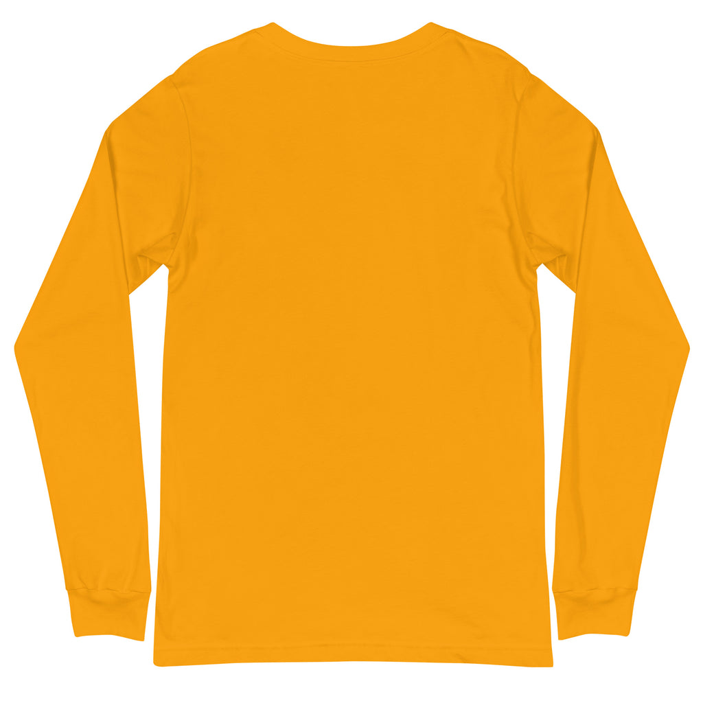 Back view of a plain yellow long-sleeve shirt on a white background