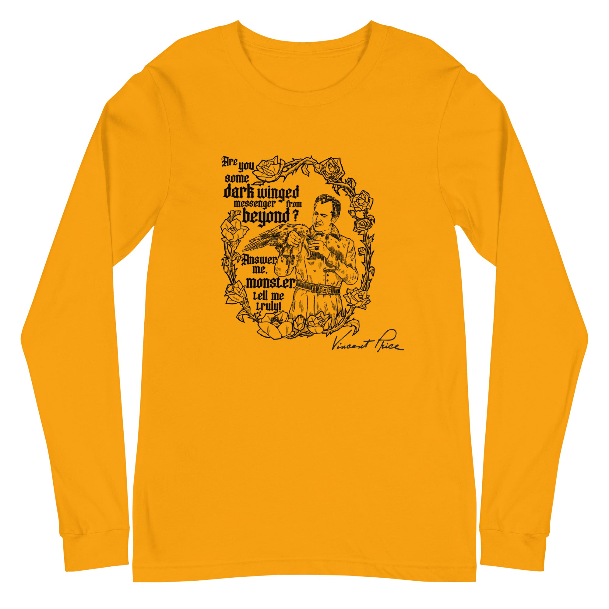 Yellow long-sleeve shirt with black graphic and text on a white background