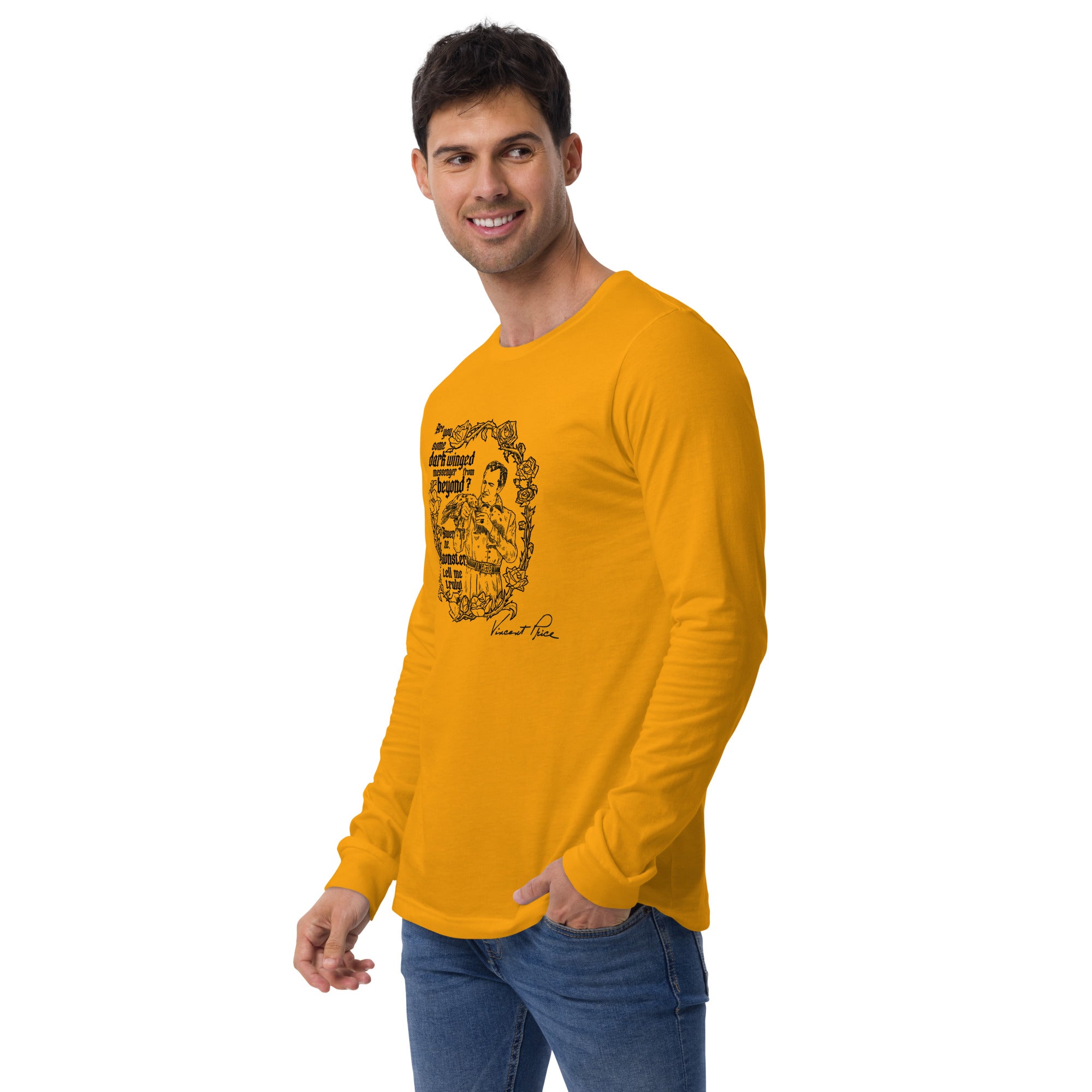 Man wearing a yellow long-sleeve shirt with a graphic design on a white background