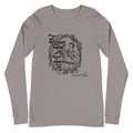 Gray long-sleeve shirt with black graphic design and text on a white background