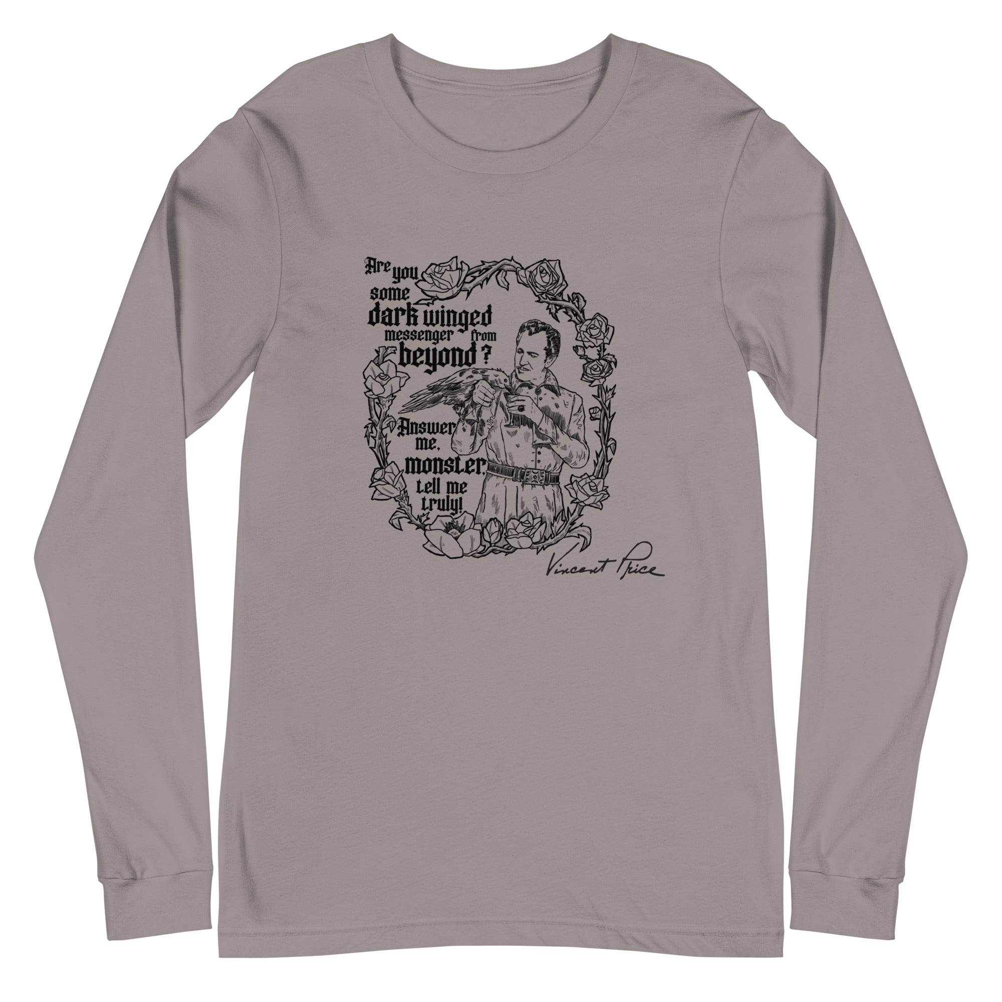 Gray long-sleeve shirt with black graphic design and text on a white background