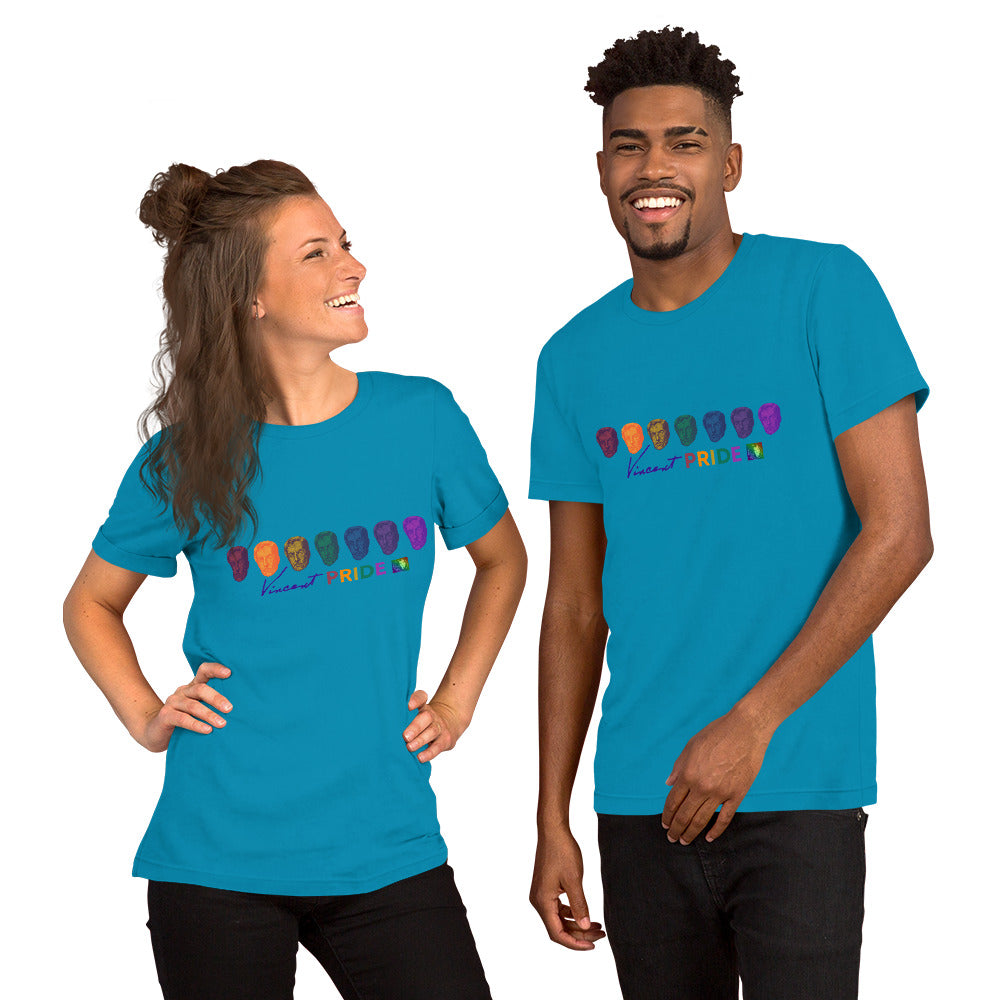 Two people wearing blue t-shirts with colorful graphics on a white background
