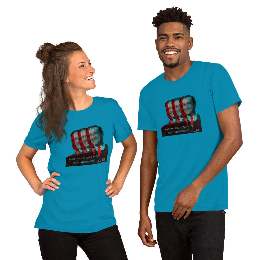 Two people wearing blue t-shirts with 'Madame Catastrophe' graphic design on a white background