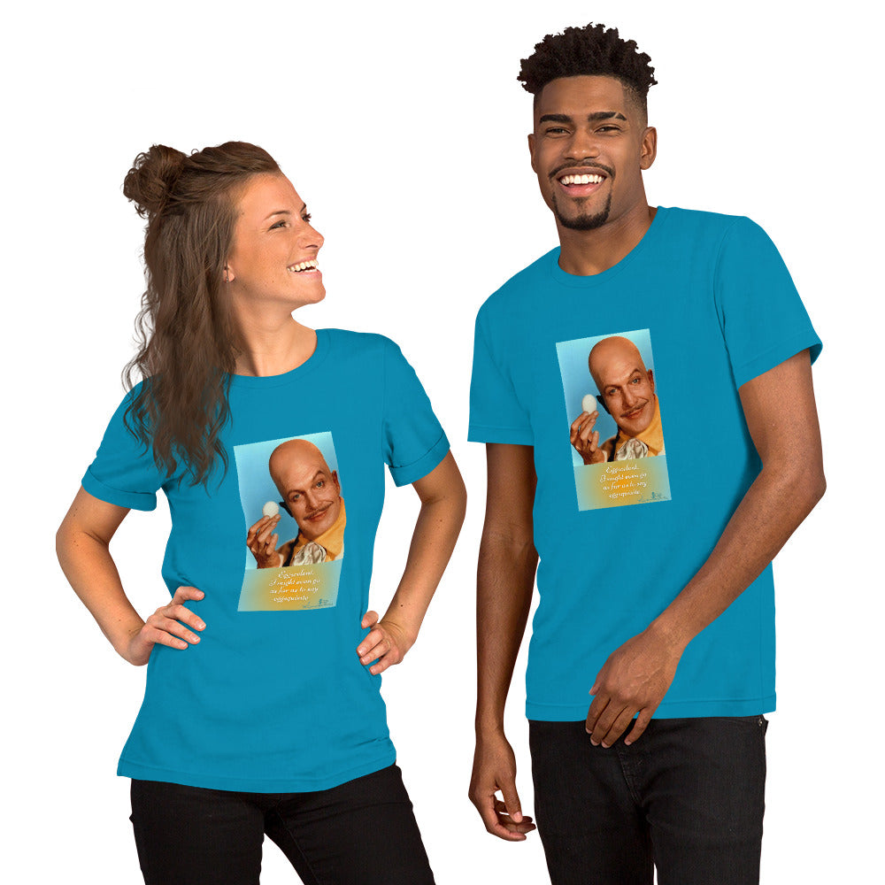 Two people wearing blue t-shirts with a graphic of a bald man on a white background