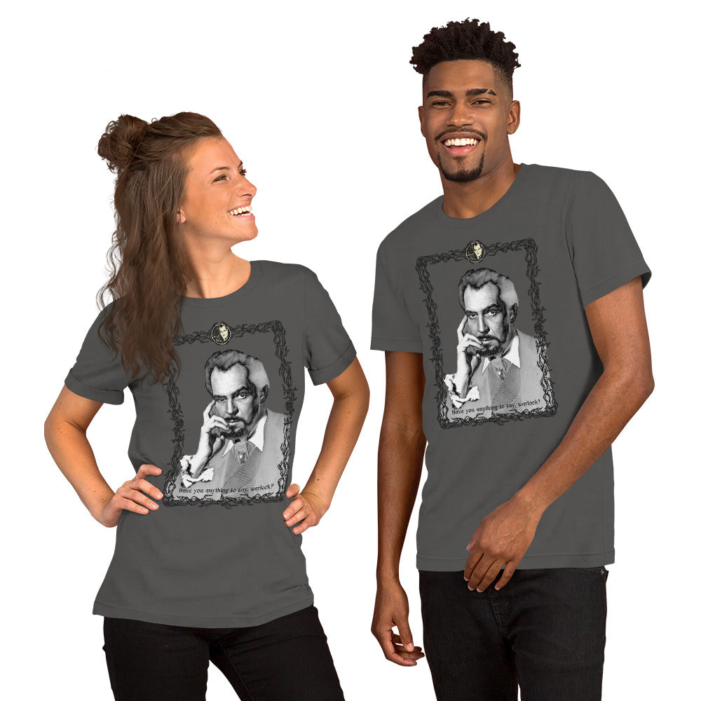 A man and a woman smiling, wearing a gray t-shirt with a grayscale illustration of a person in the center.