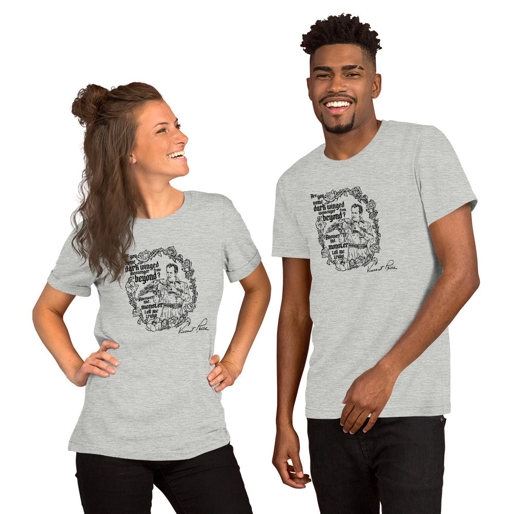 Two people wearing gray t-shirts with a graphic design on a white background