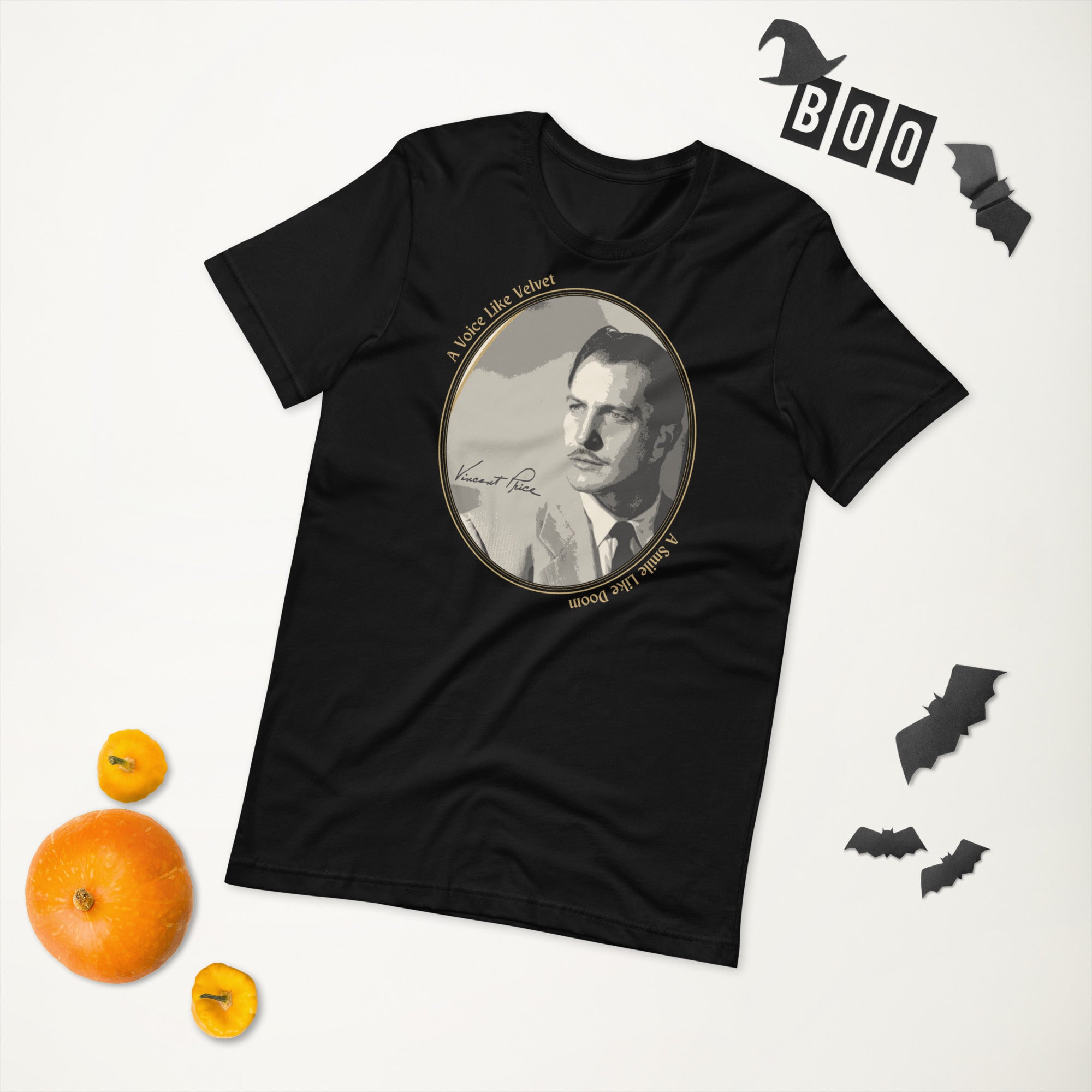 Black t-shirt with a vintage portrait graphic and 'BOO' text on a white background with Halloween decorations.