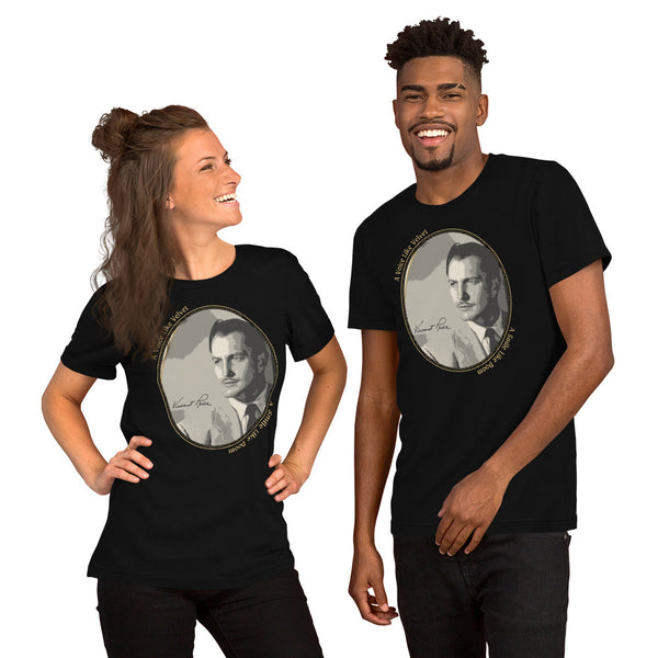 Two people wearing black t-shirts with a graphic of a man's face on a white background
