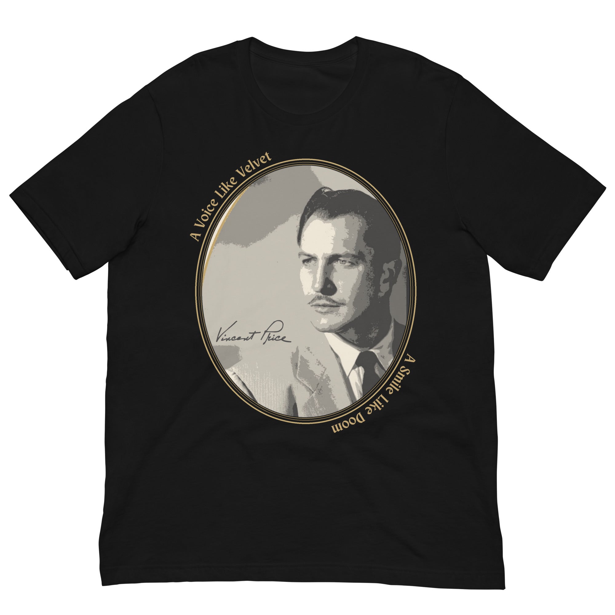Black t-shirt with a graphic of a man's portrait and text on a white background