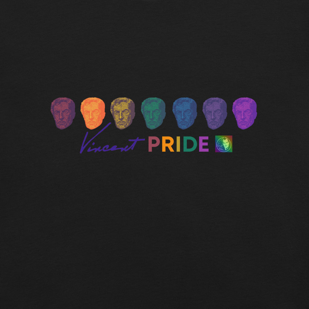 Black shirt with colorful embroidered faces and 'Vincent Pride' text on a dark background