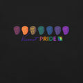 Black shirt with colorful embroidered faces and 'Vincent Pride' text on a dark background