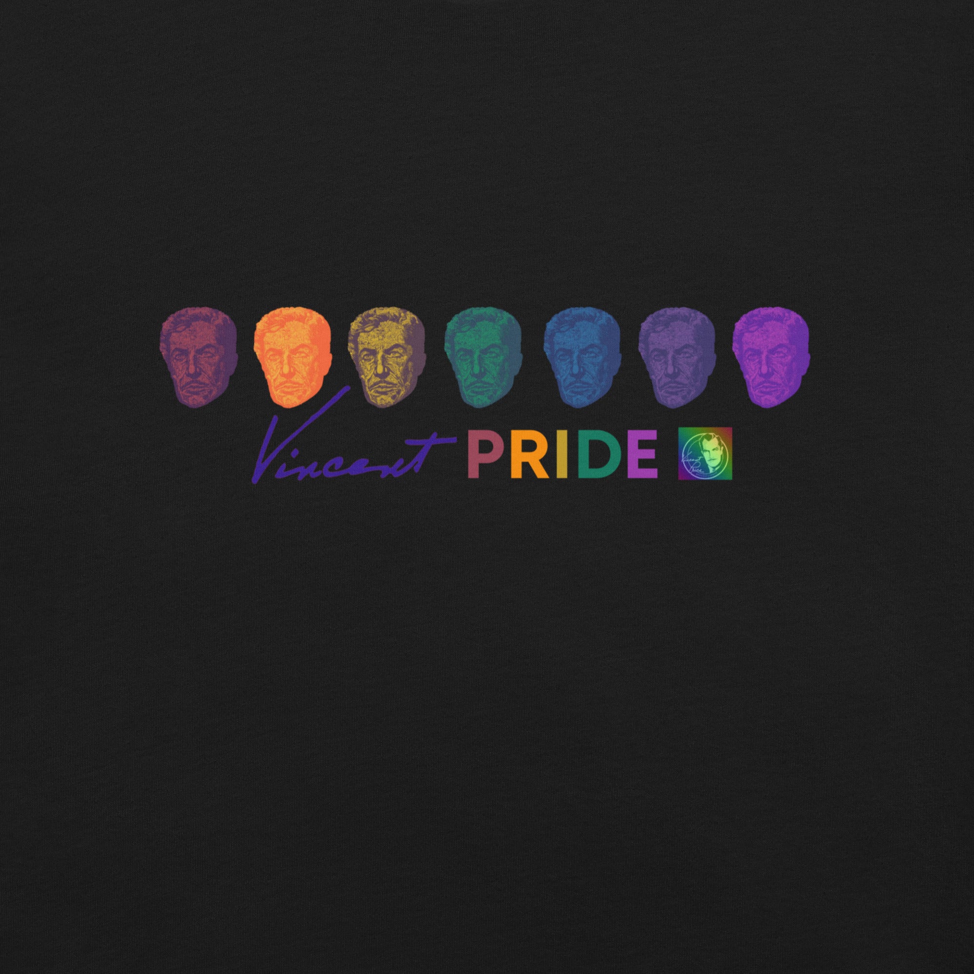 Black shirt with colorful embroidered faces and 'Vincent Pride' text on a dark background