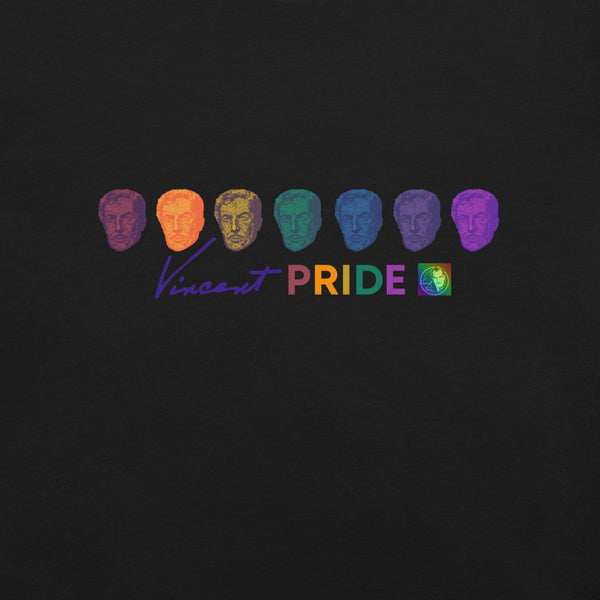 Black shirt with colorful embroidered faces and 'Vincent Pride' text on a dark background