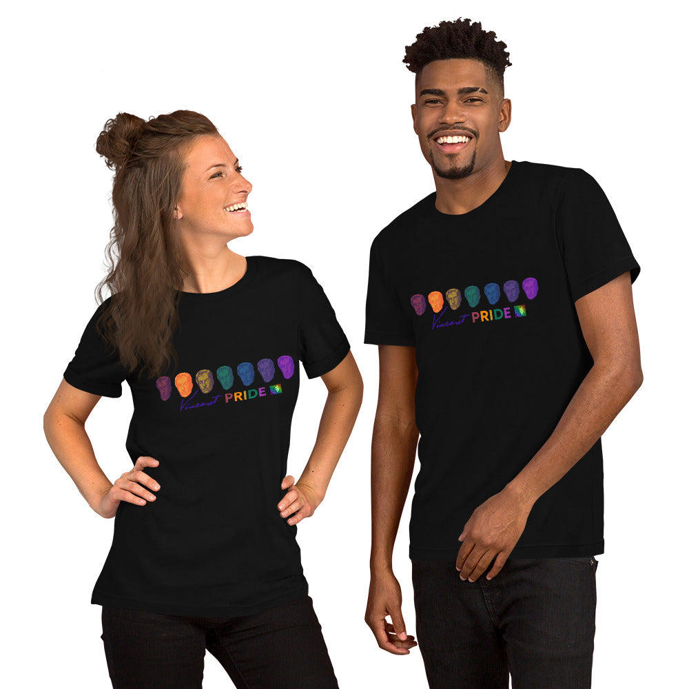Two people wearing black t-shirts with a logo and text on a white background