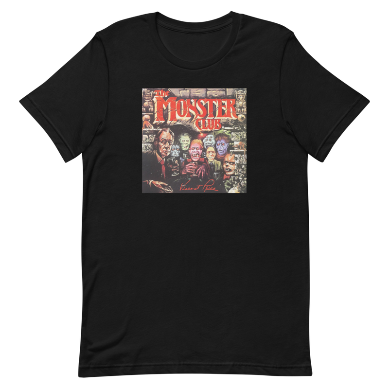 Black t-shirt with 'The Monster Club' graphic design on a white background