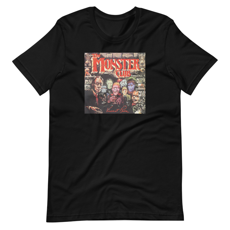 Black t-shirt with 'The Monster Club' graphic design on a white background