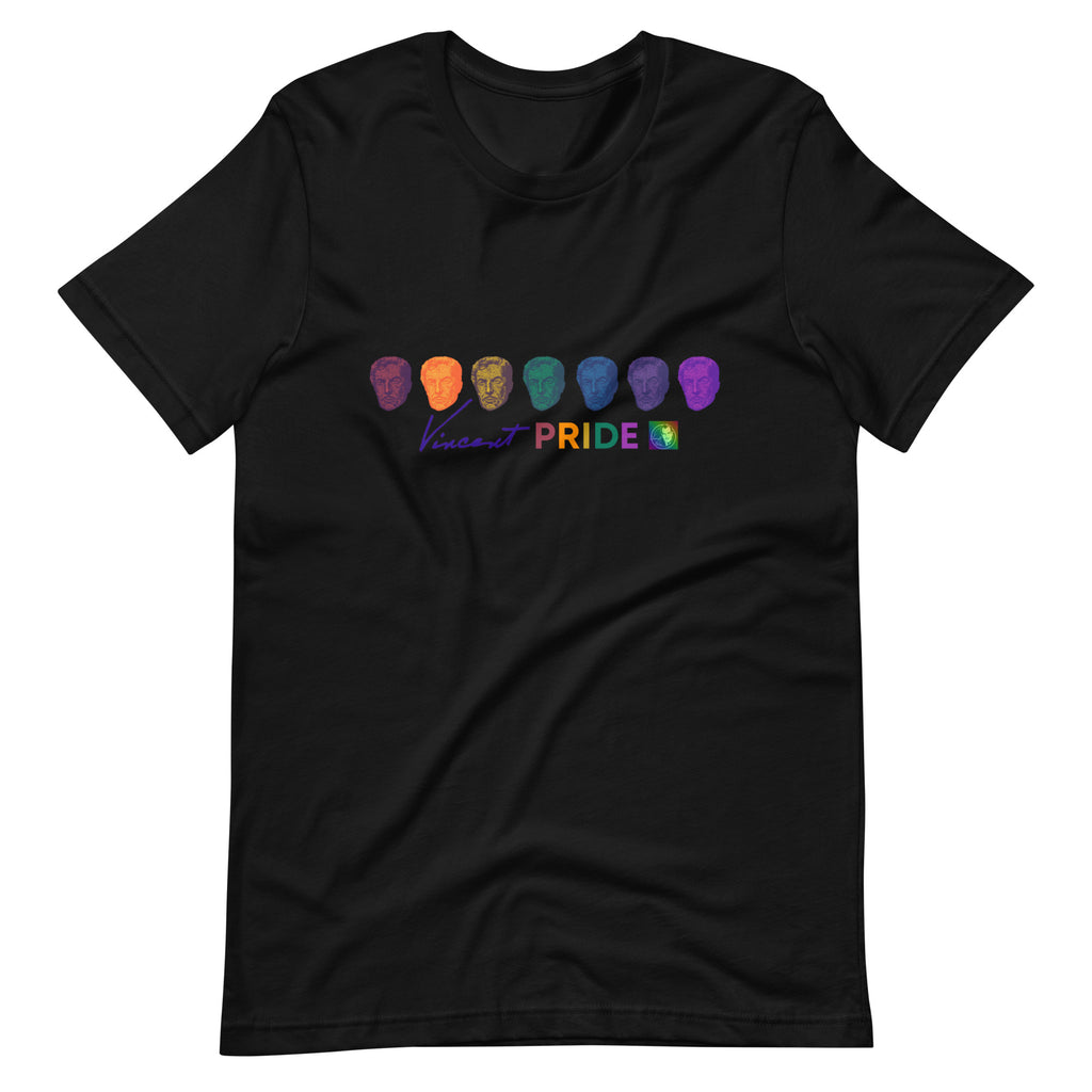 Black t-shirt with colorful graphic design on a white background