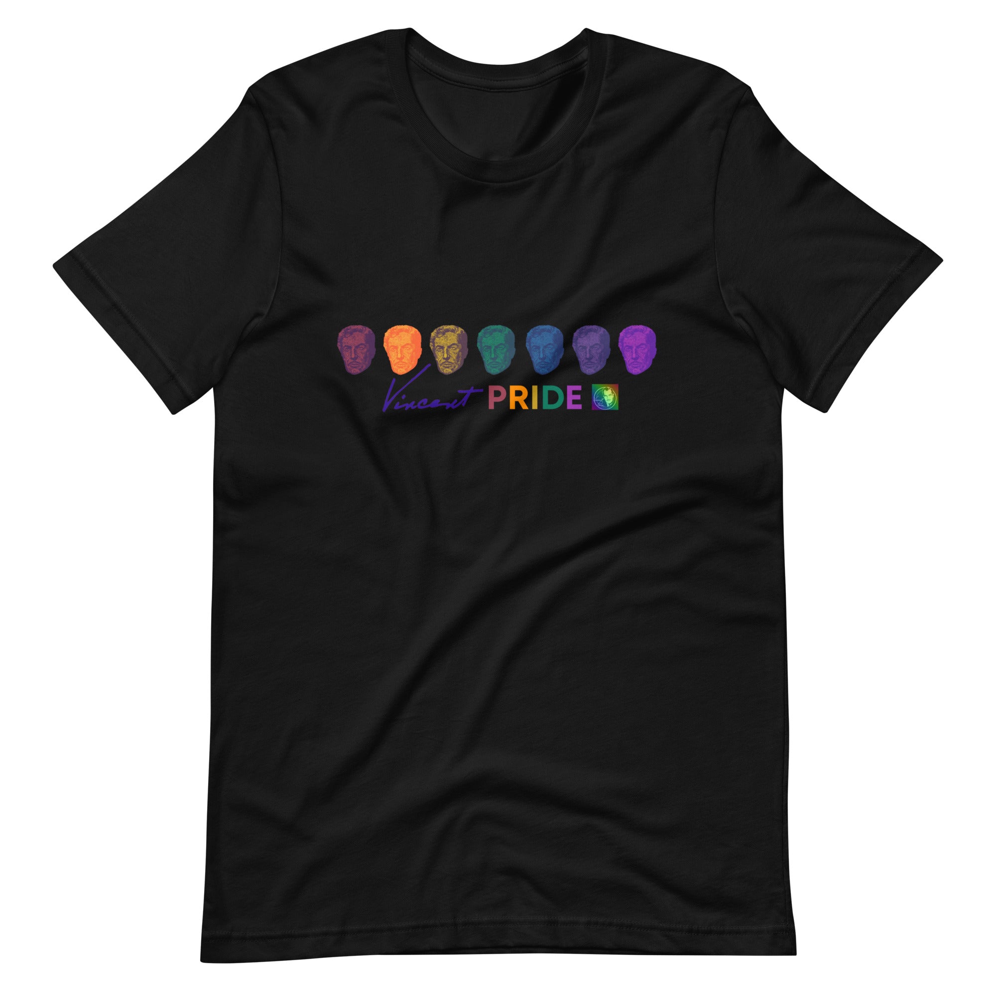 Black t-shirt with colorful graphic design on a white background