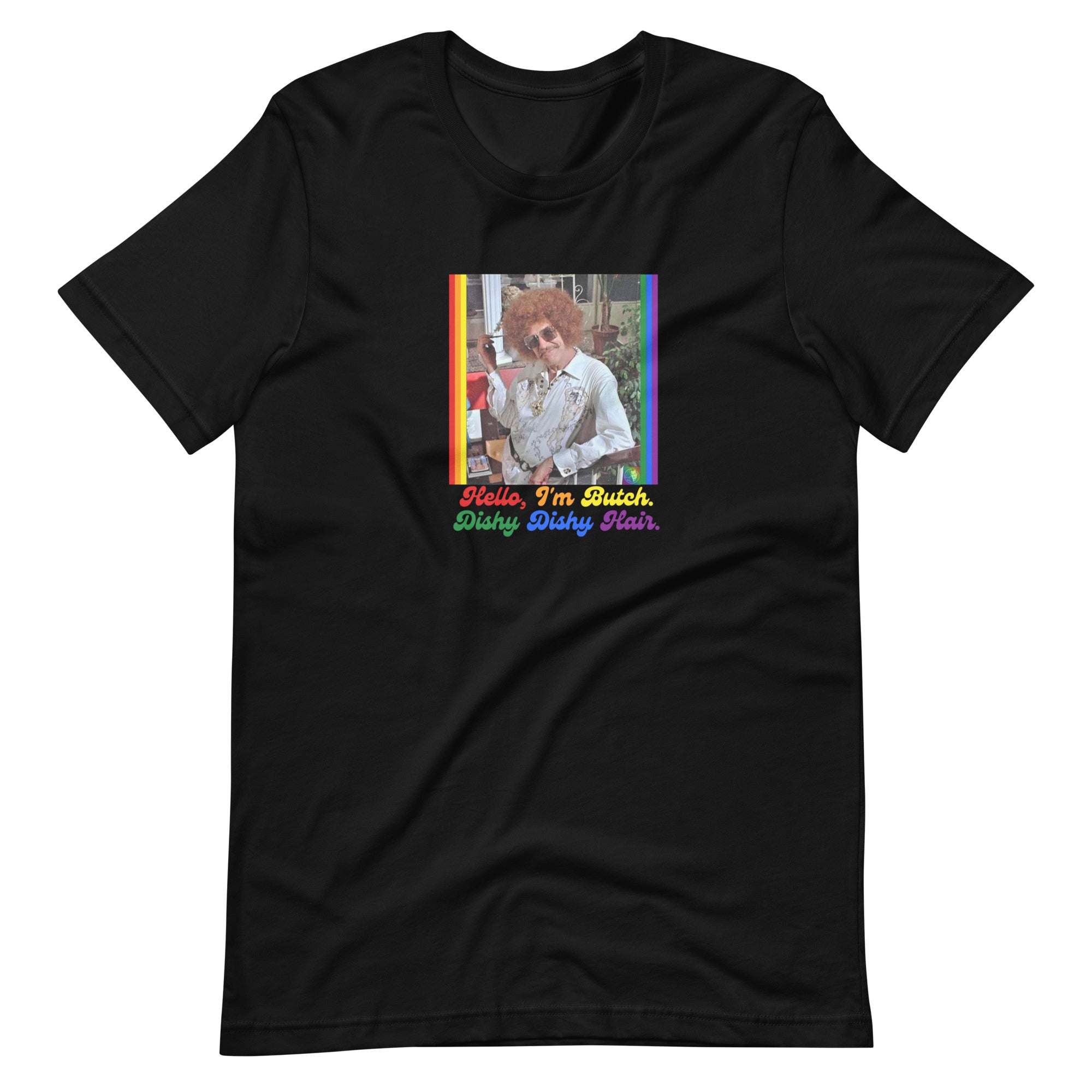 Black t-shirt with a graphic design featuring a person and text on a white background