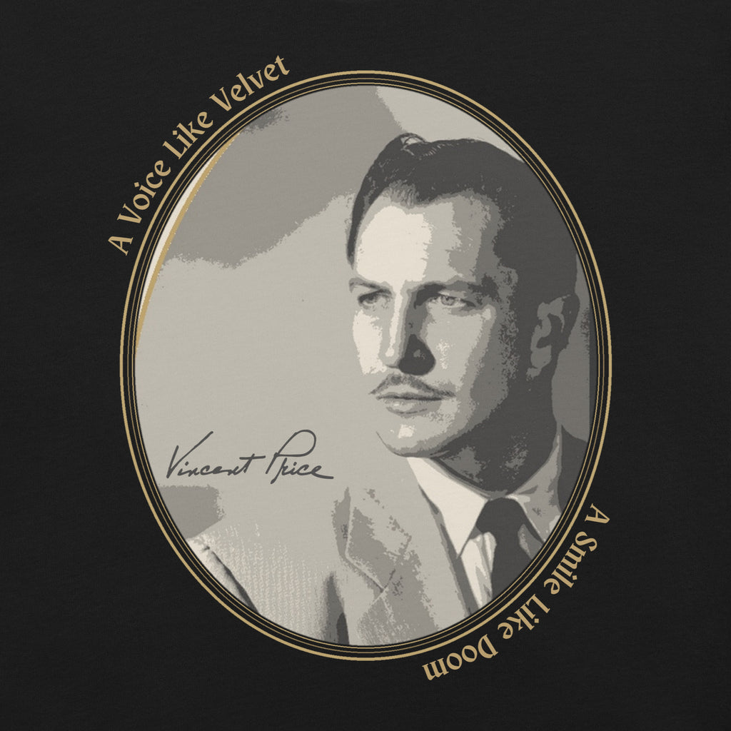 Close-up of a black t-shirt graphic featuring a sepia-toned oval portrait of a young, dashing man in a suit and tie with a thin mustache, rendered in a vintage illustration style. A facsimile signature reading "Vincent Price" is overlaid on the portrait. The oval frame is bordered in gold, with curved text along the top reading "A Voice Like Velvet" and along the bottom reading "A Smile Like Doom."
