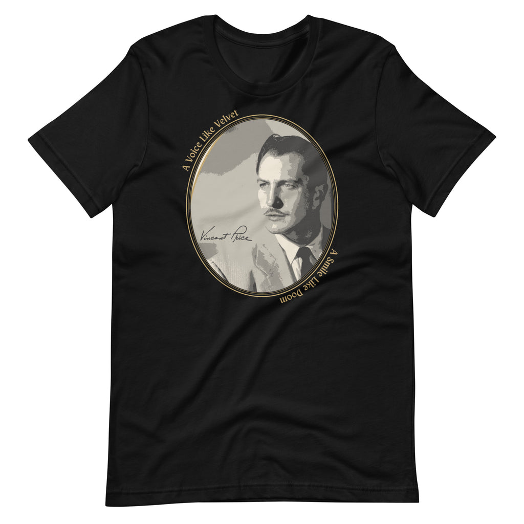 Black t-shirt with a vintage-style portrait graphic and text on a white background