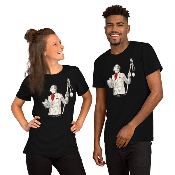 A man and a woman modeling matching black graphic t-shirts against a plain white background. The shirts feature a white and red illustration of Vincent Price holding a trident with a text 'THE PRINCE OF DARKNESS IS A GENTLEMAN.'