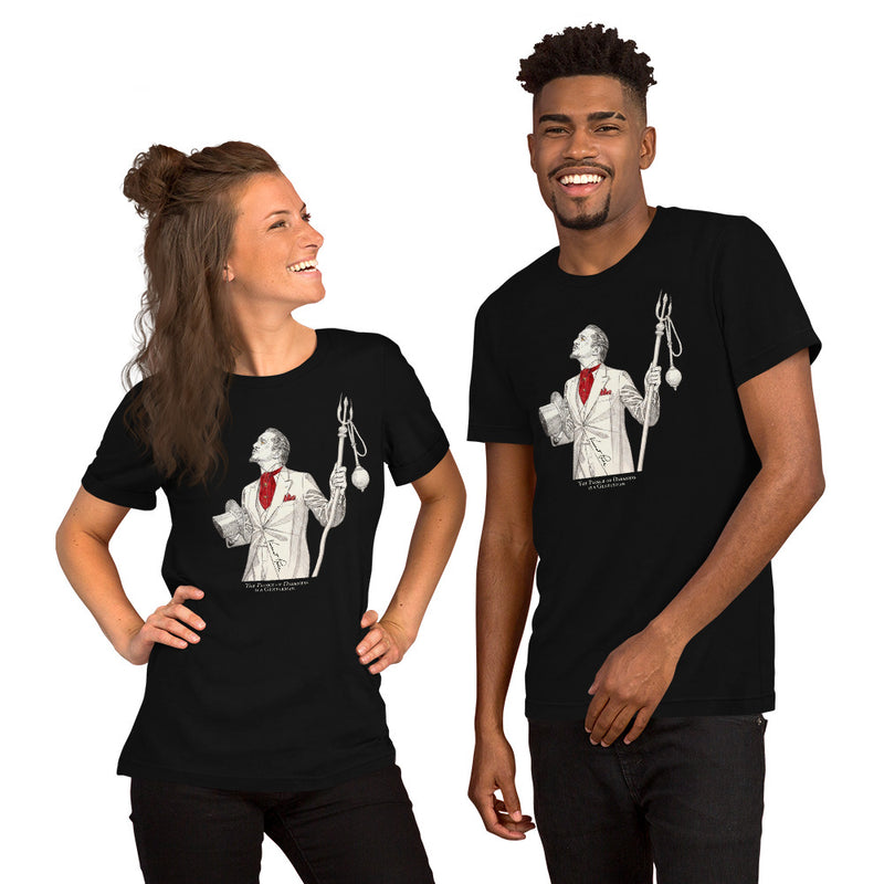 A man and a woman modeling matching black graphic t-shirts against a plain white background. The shirts feature a white and red illustration of Vincent Price holding a trident with a text 'THE PRINCE OF DARKNESS IS A GENTLEMAN.'