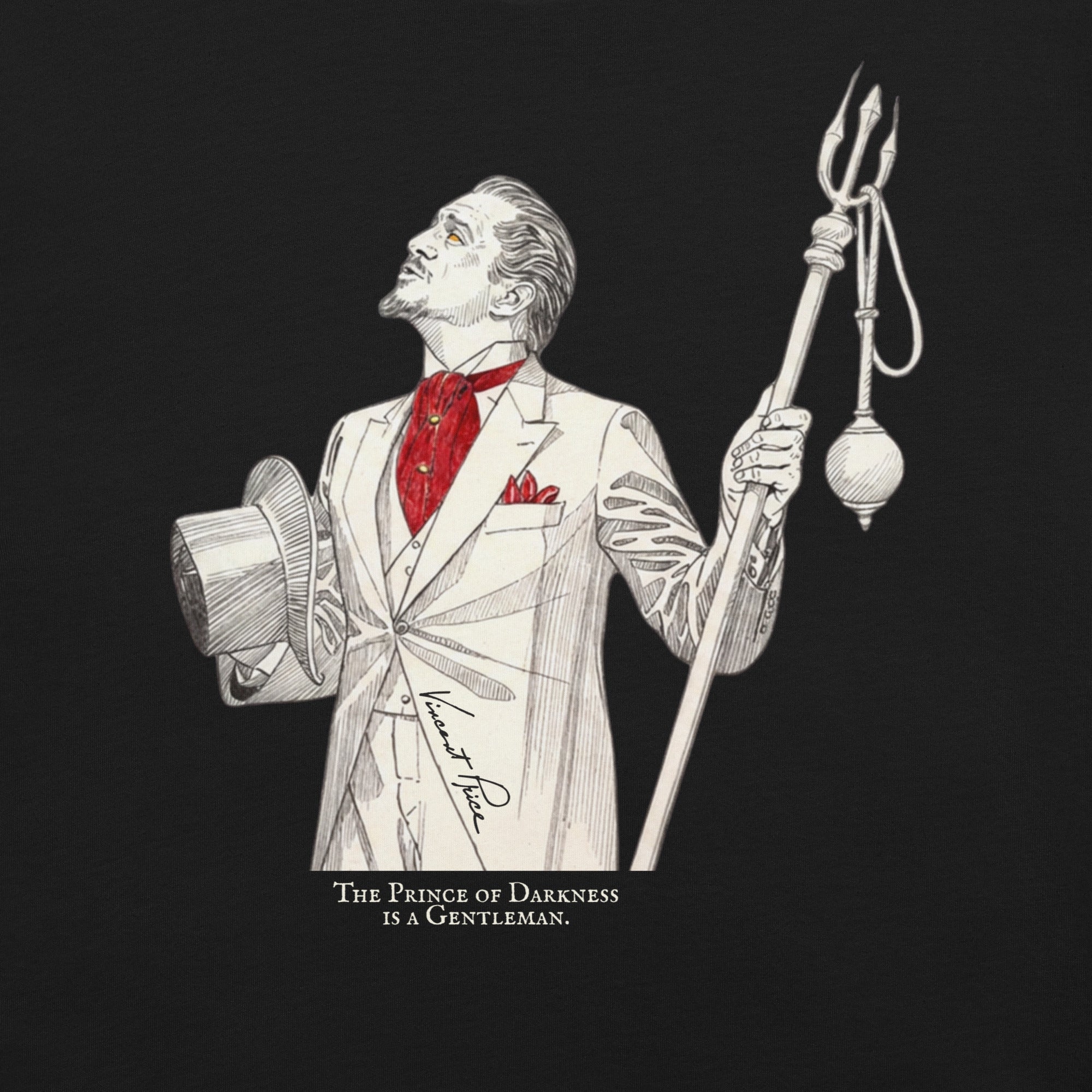 A black graphic print featuring an illustration of Vincent Price in a white suit and red bow tie holding a trident and a top hat, with the text 'THE PRINCE OF DARKNESS IS A GENTLEMAN.' below.