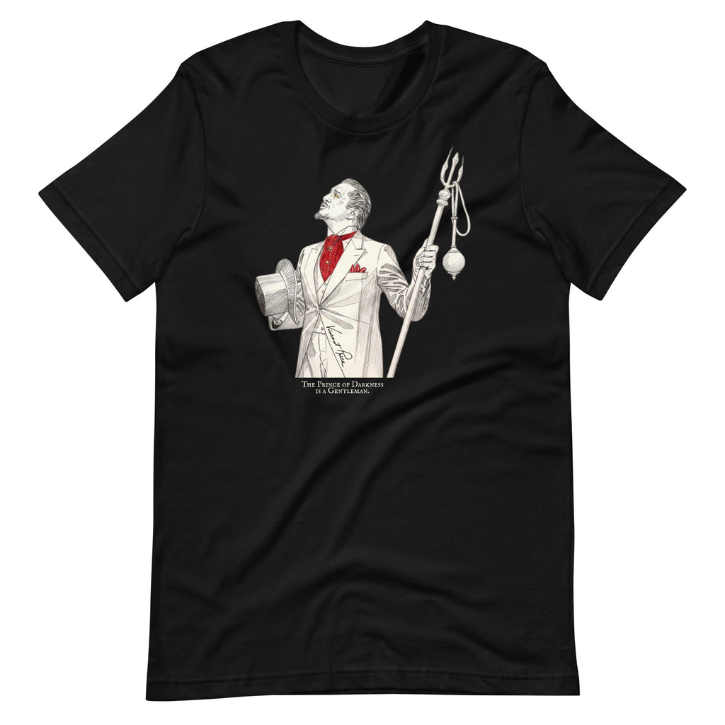 A black graphic t-shirt against a plain white background. The shirts feature a white and red illustration of Vincent Price holding a trident with a text 'THE PRINCE OF DARKNESS IS A GENTLEMAN.' .