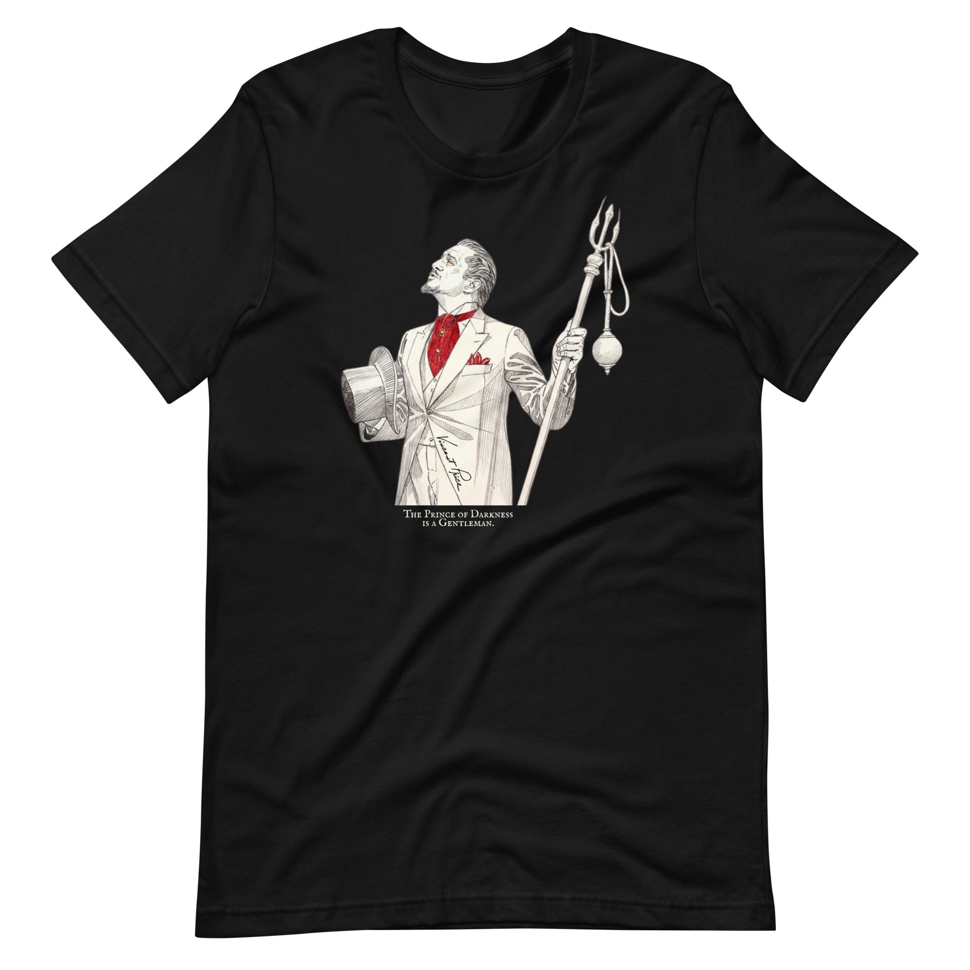 A black graphic t-shirt against a plain white background. The shirts feature a white and red illustration of Vincent Price holding a trident with a text 'THE PRINCE OF DARKNESS IS A GENTLEMAN.' .