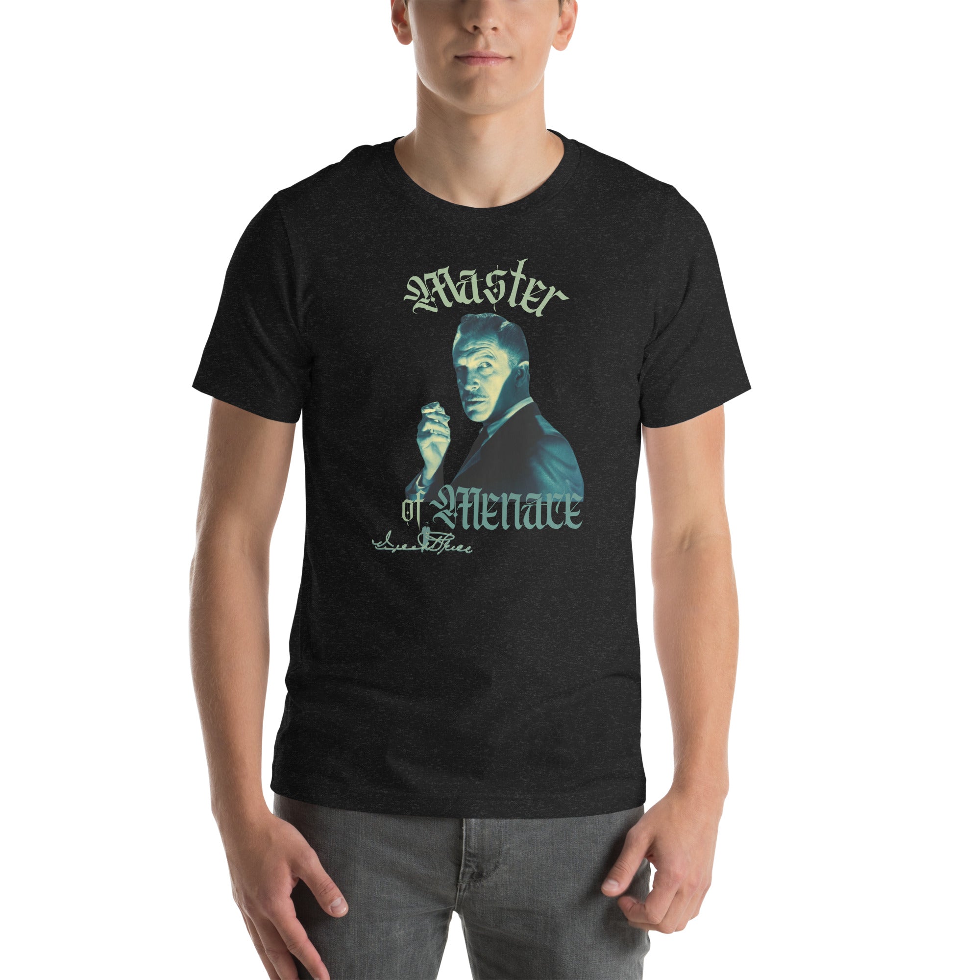 Person wearing a black t-shirt with a graphic design and text on a white background