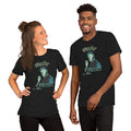 Two people wearing black 'Volunteer' shirts with a logo and text on a white background