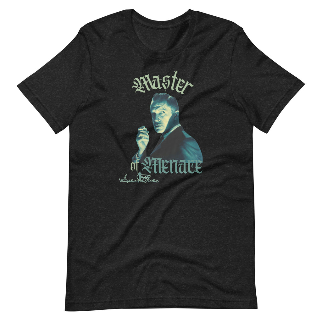 Black t-shirt with a graphic of a man and text 'Master of Menace' on a white background