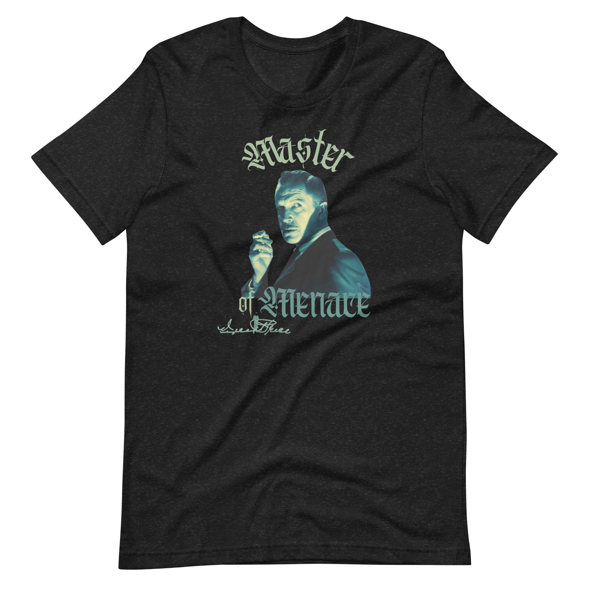 Black t-shirt with a graphic of a man and text 'Master of Menace' on a white background
