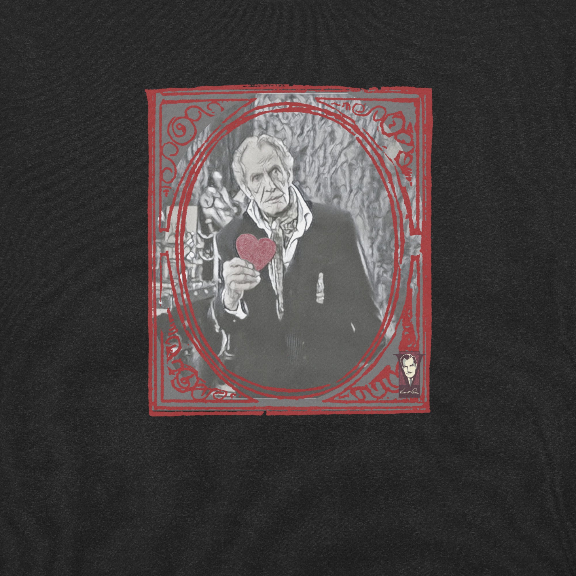 Illustration of a man holding a heart with a decorative red border on a black background
