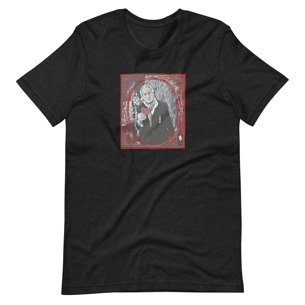 Black t-shirt with a graphic design of a man holding a red flower on a white background