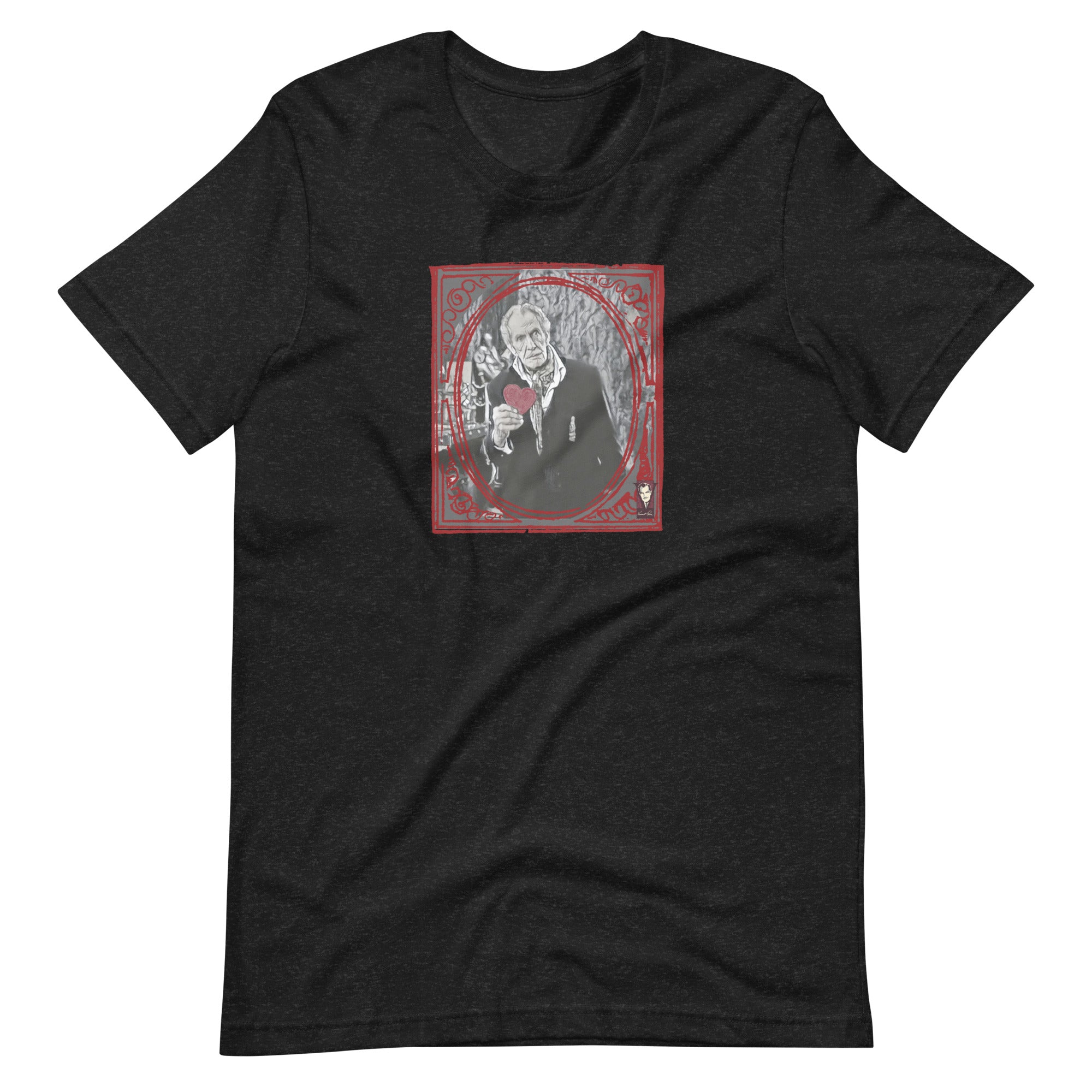 Black t-shirt with a graphic design of a man holding a red flower on a white background