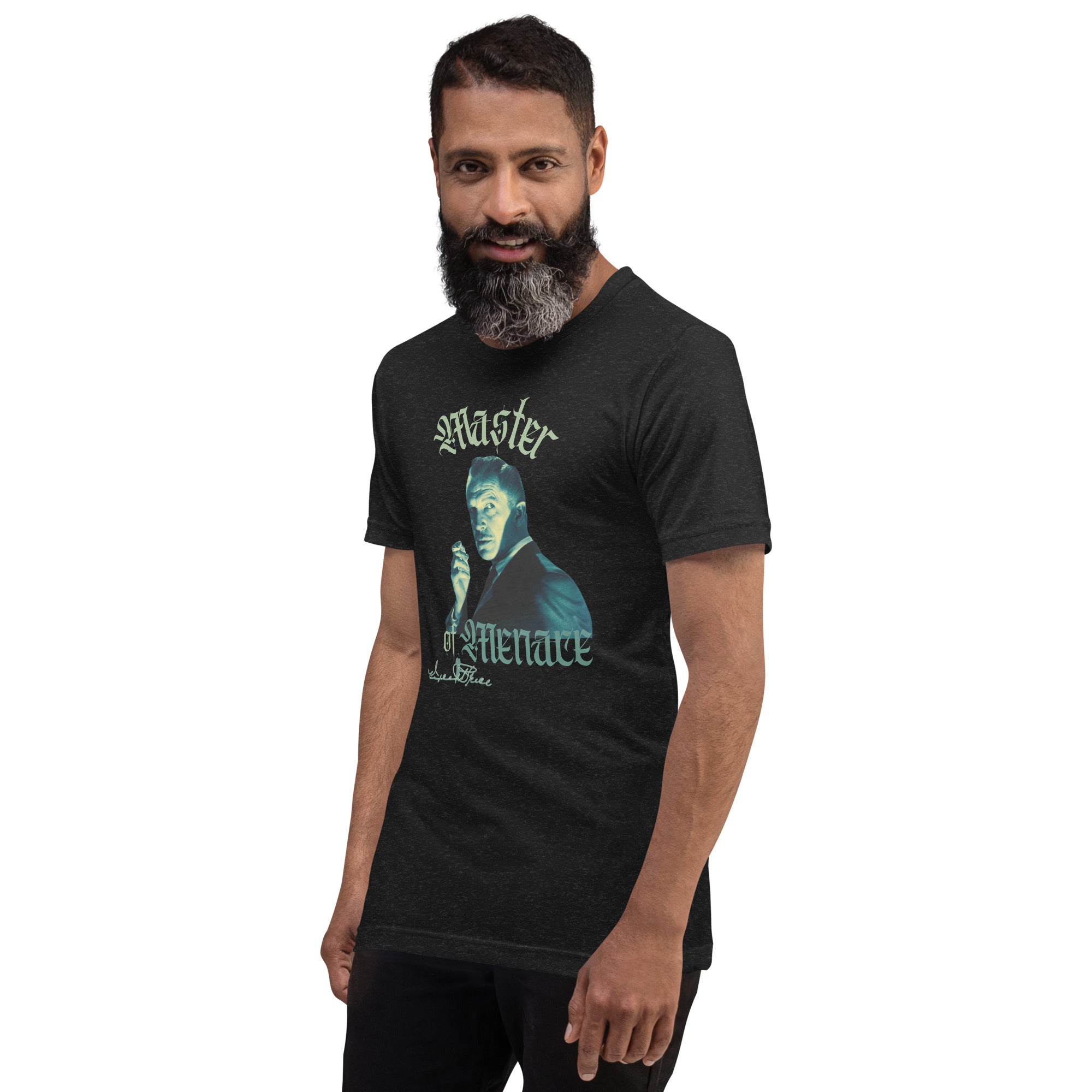 Man wearing a black t-shirt with a graphic design on a white background