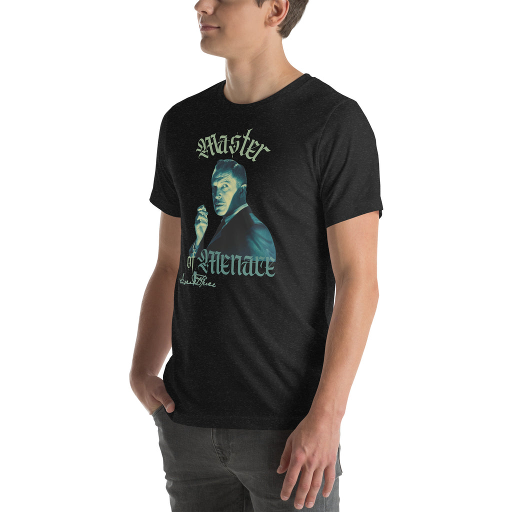 Person wearing a black t-shirt with a graphic design and text.