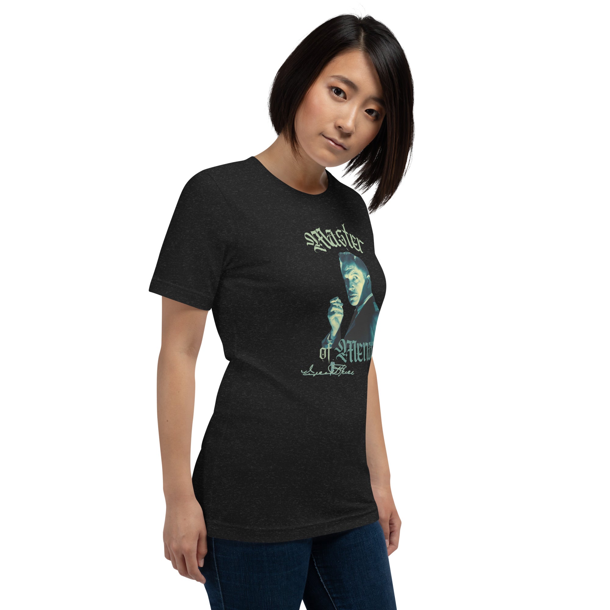Person wearing a black t-shirt with graphic design and text on a white background