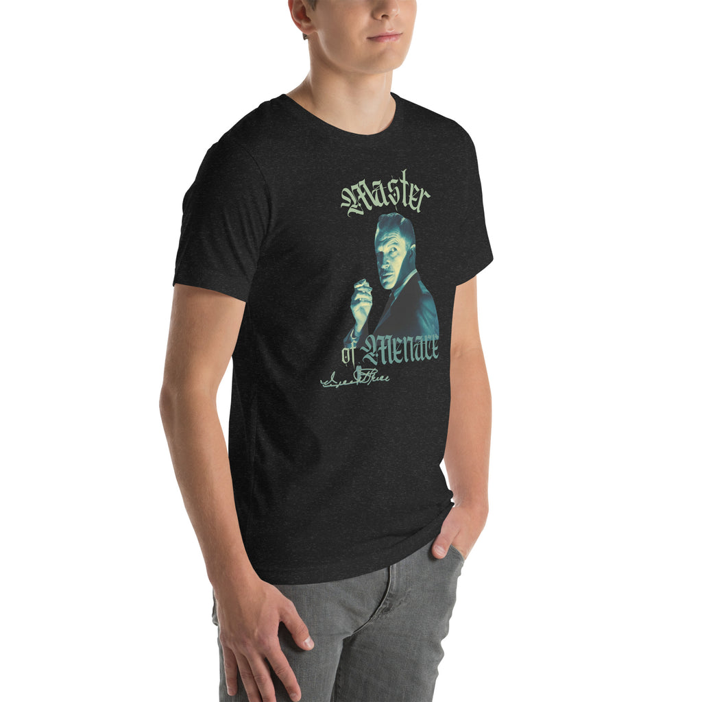 Person wearing a black t-shirt with a graphic design and text on a white background