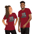 Two people wearing red t-shirts with a graphic design on a white background