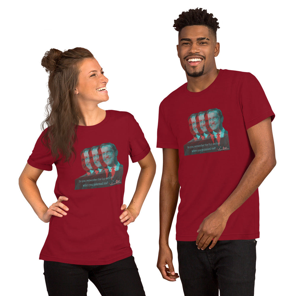 Two people wearing red t-shirts with a graphic design on a white background