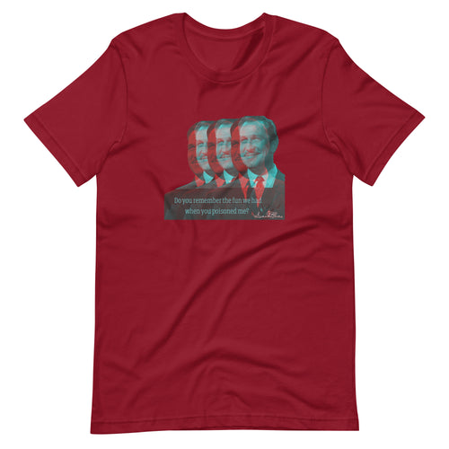 Red t-shirt with a graphic of a man's face and text on a white background