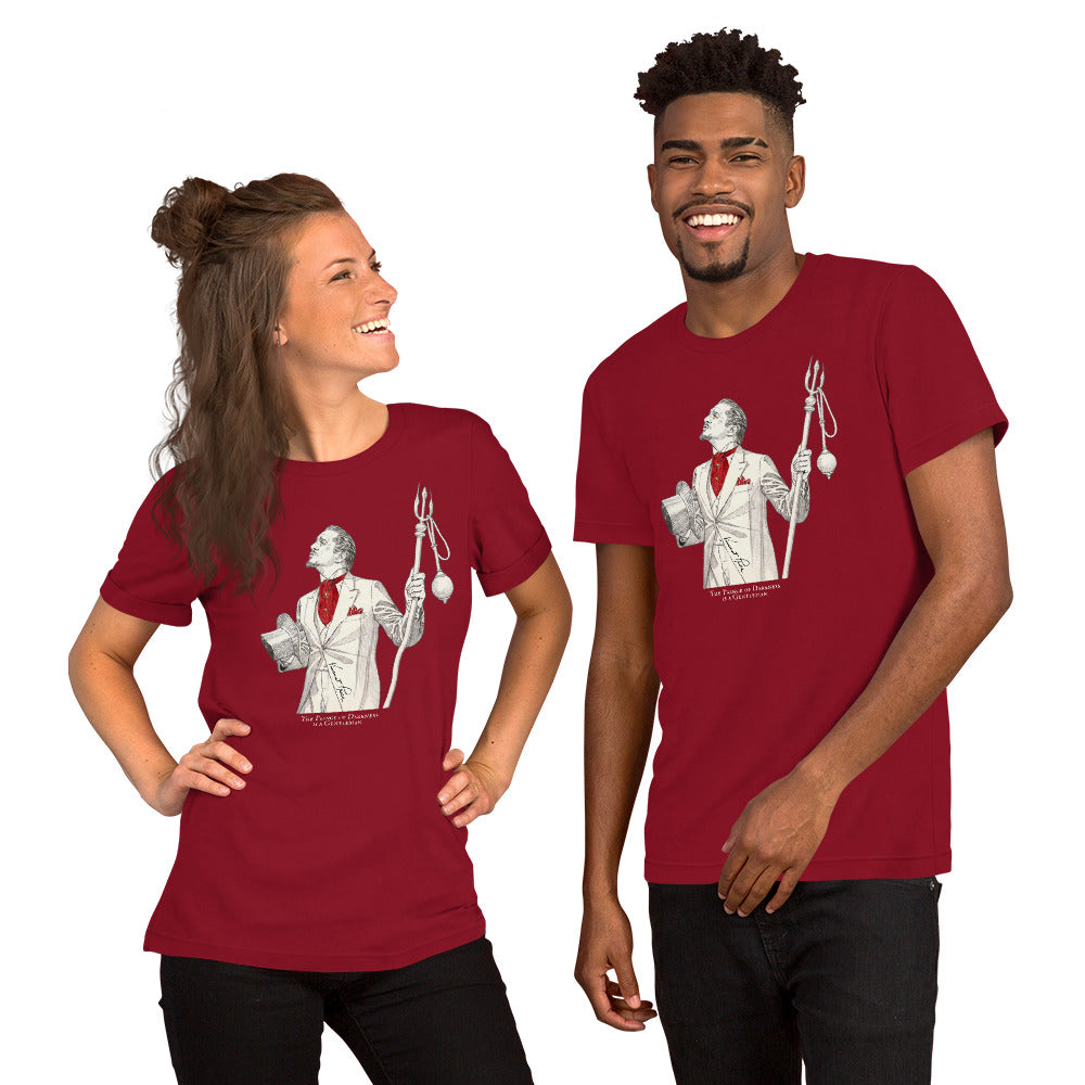 A man and a woman modeling matching dark red graphic t-shirts against a plain white background. The shirts feature a white and red illustration of Vincent Price holding a trident with a text 'THE PRINCE OF DARKNESS IS A GENTLEMAN.'